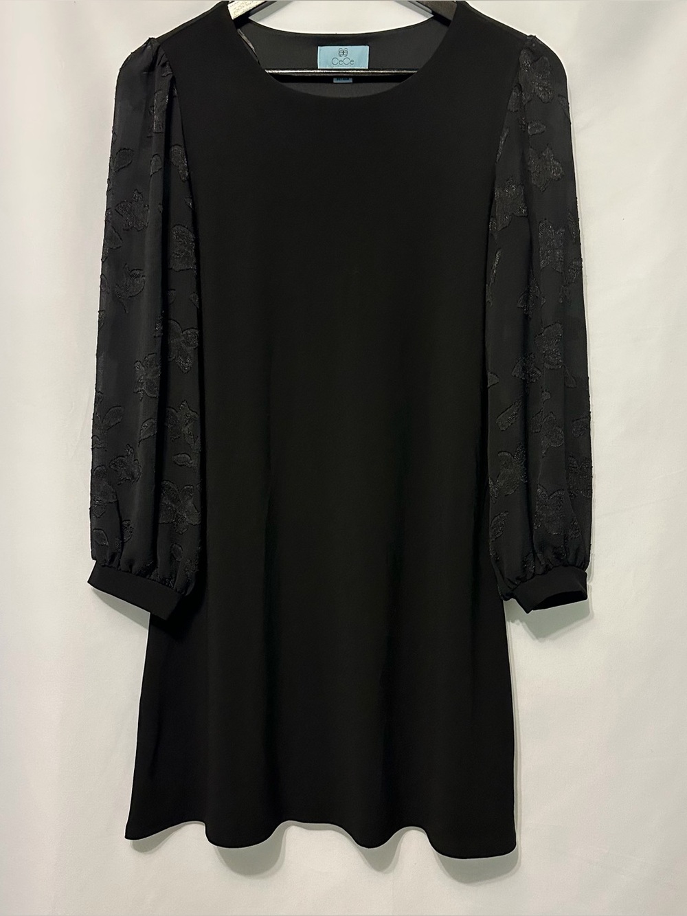 CeCe Little Black Dress Womens XS Lined Pullover Round Neck Sheer Long Sleeves